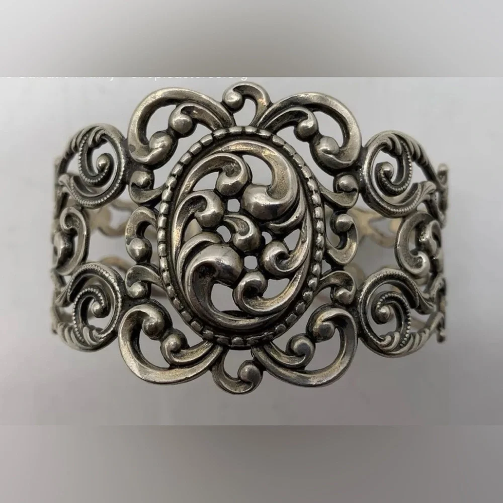 Sterling Silver Vintage Danecraft Filigree Art Nouveau Cuff Bracelet 6 inch - Picture 5 of 10